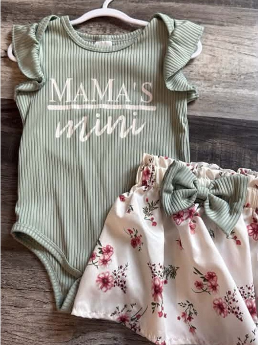 SHEIN Sage Green Ribbed 'Mama's Mini' Bodysuit & Floral Skirt Set